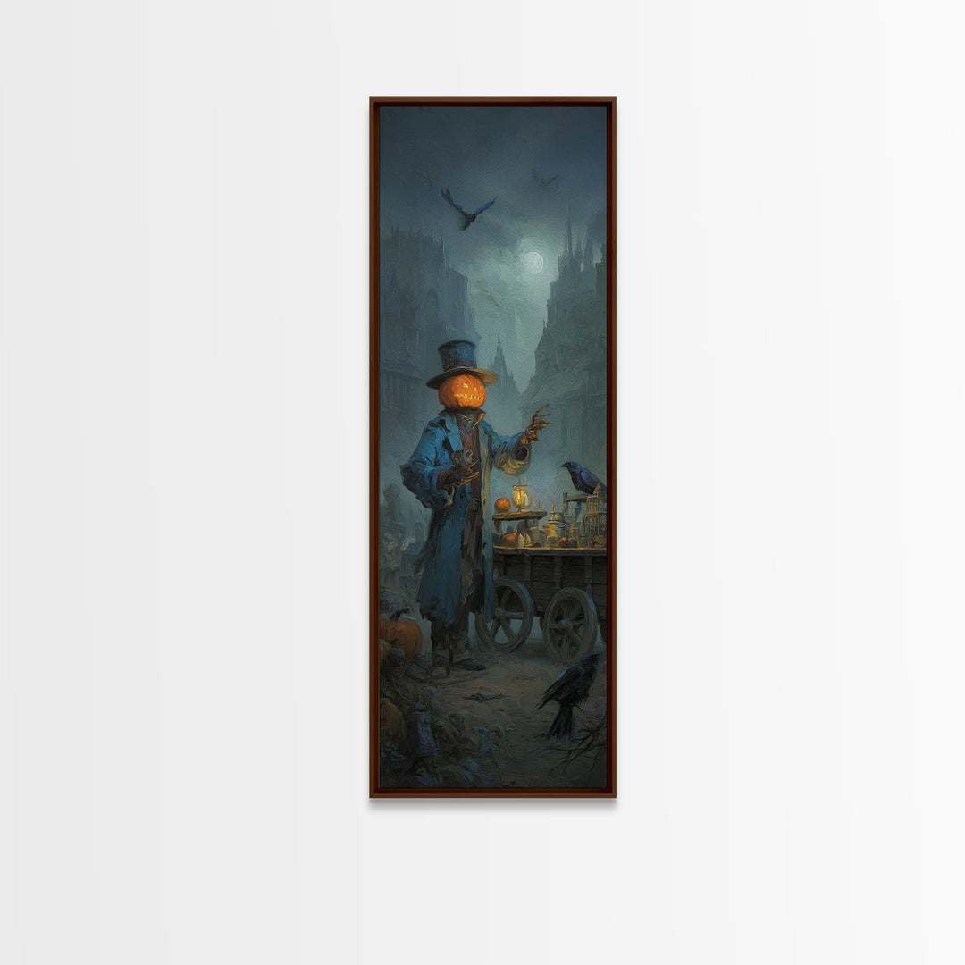 The Pumpkin-Headed Tea Merchant, Surreal Apocalyptic Art, Tall Narrow Wall Art, Gothic Horror Wall Art, Framed Canvas Print