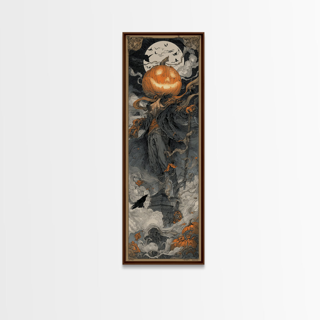 The Pumpkin-Headed Tea Merchant, Biomechanical Horror Art, Tall Narrow Wall Art, Macabre Wall Art, Canvas Print, Halloween Wall Art