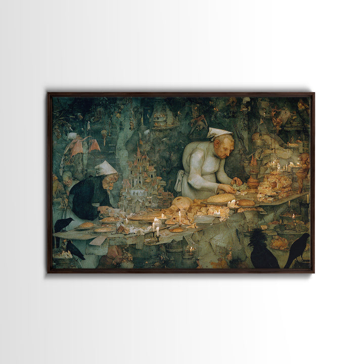 The Ghost Bakery, Medieval Grotesque Art, Landscape Wall Art, Macabre Wall Art, Framed Canvas Print, Halloween Wall Art