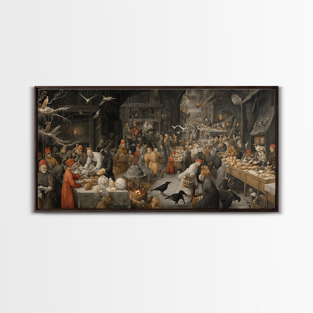 The Ghost Bakery, Northern Renaissance Horror, Wide Panoramic Art, Dark Halloween Decor, Framed Canvas Print, Halloween Wall Art