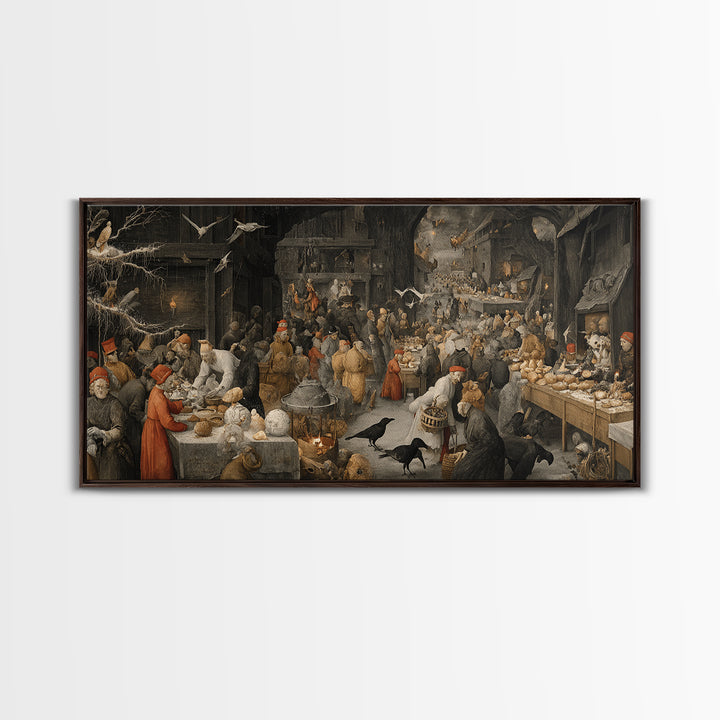 The Ghost Bakery, Northern Renaissance Horror, Wide Panoramic Art, Dark Halloween Decor, Framed Canvas Print, Halloween Wall Art