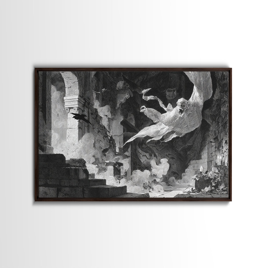 The Ghost Bakery, Architectural Etching Art, Landscape Wall Art, Macabre Wall Art, Framed Canvas Print, Halloween Wall Art