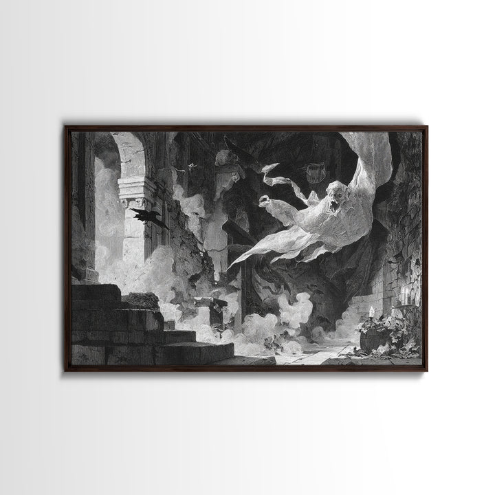 The Ghost Bakery, Architectural Etching Art, Landscape Wall Art, Macabre Wall Art, Framed Canvas Print, Halloween Wall Art