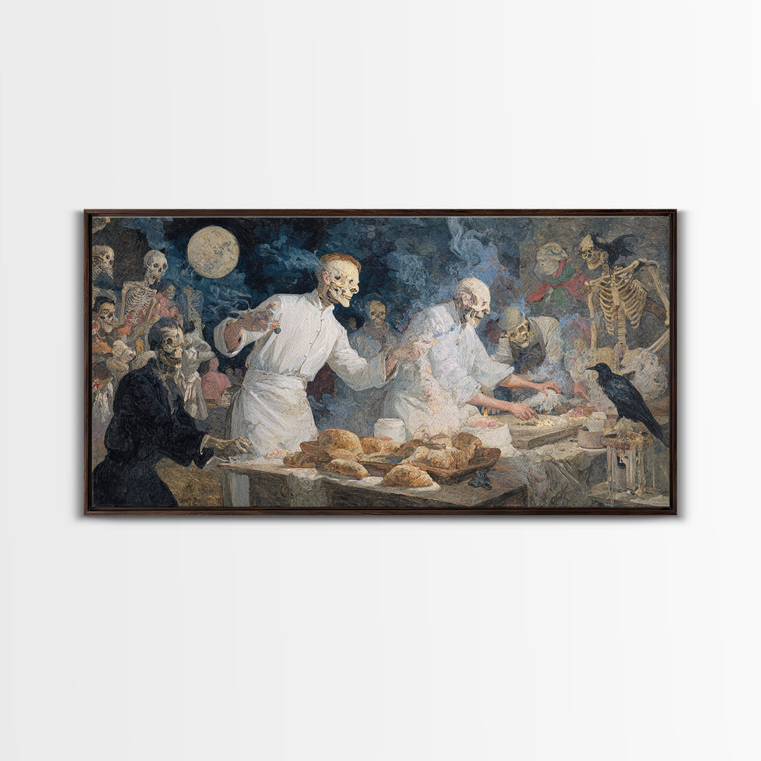 The Ghost Bakery, Grotesque Carnival Art, Wide Panoramic Art, Dark Fantasy Wall Art, Framed Canvas Print, Halloween Wall Art