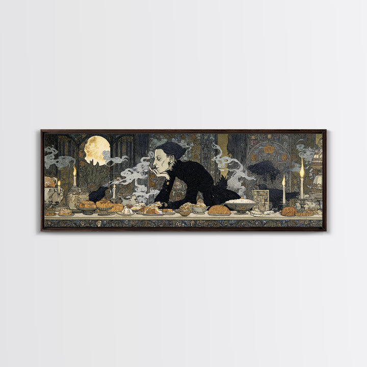 The Ghost Bakery, Stained Glass Gothic Art, Extra Wide Wall Art, Dark Halloween Decor, Framed Canvas Print, Halloween Wall Art