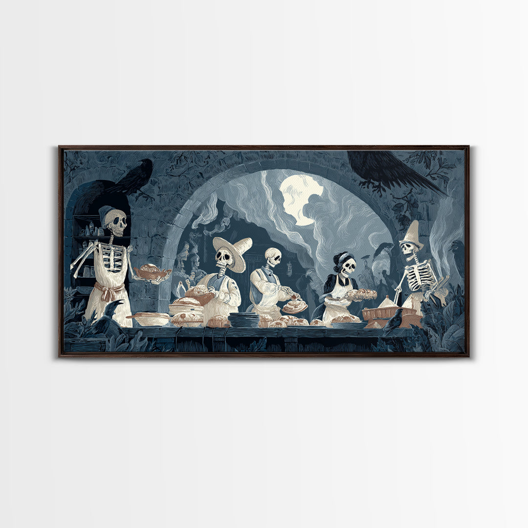 The Ghost Bakery, Macabre Folk Print Art, Wide Panoramic Art, Dark Halloween Decor, Canvas Print, Halloween Wall Art