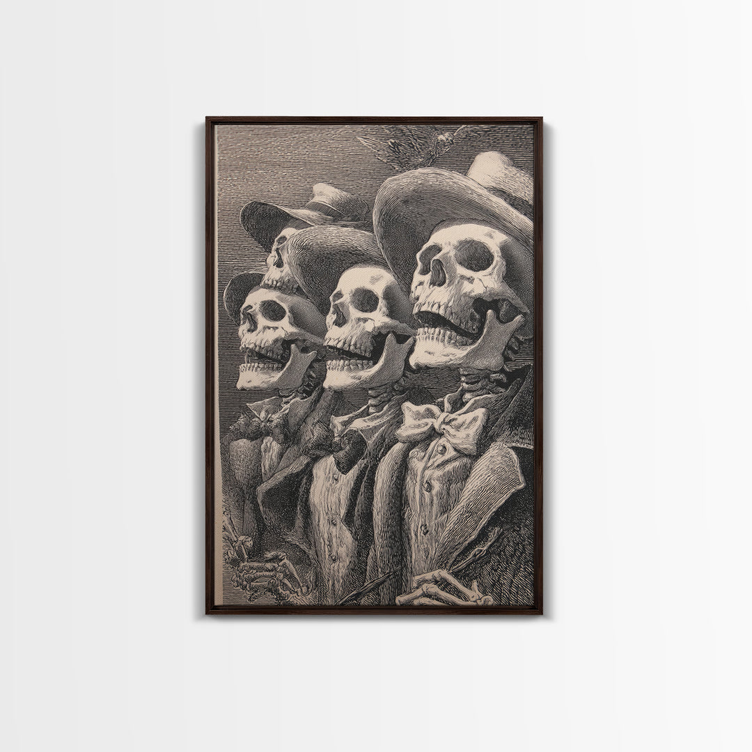 The Skeleton Barbershop Quartet, Renaissance Engraving Art, Vertical Wall Art, Gothic Horror Wall Art, Framed Canvas Print