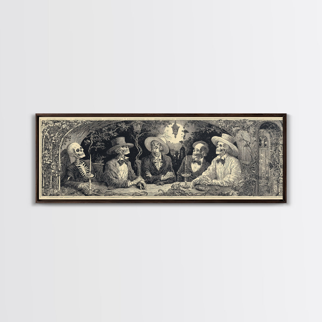 The Skeleton Barbershop Quartet, Symbolist Etching Art, Extra Wide Wall Art, Macabre Wall Art, Canvas Print, Halloween Wall Art