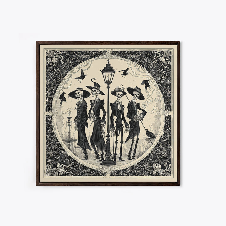 The Skeleton Barbershop Quartet, Decadent Line Art, Square Wall Art, Dark Halloween Decor, Framed Canvas Print