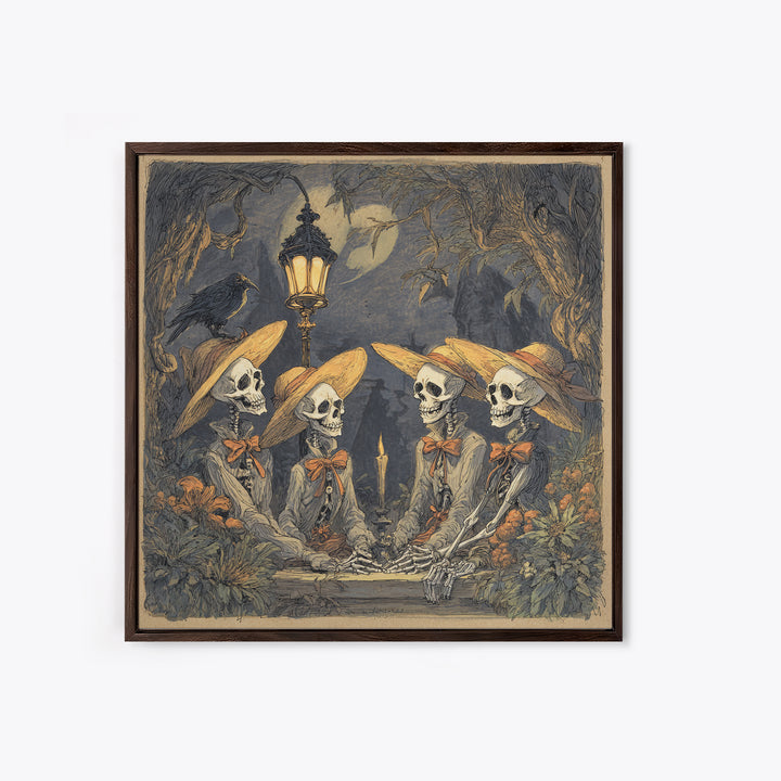 The Skeleton Barbershop Quartet, Gothic Storybook Art, Square Wall Art, Dark Halloween Decor, Framed Canvas Print, Halloween Wall Art