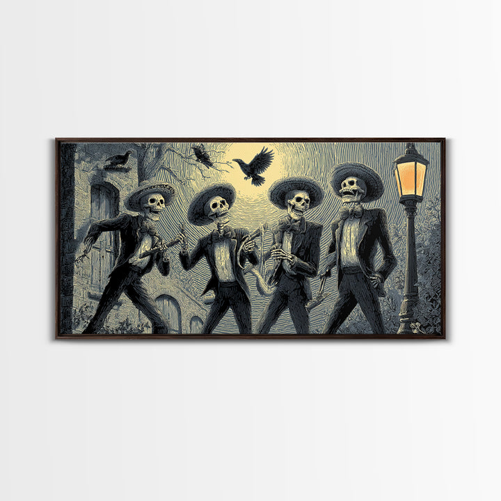 The Skeleton Barbershop Quartet, Macabre Folk Print Art, Wide Panoramic Art, Dark Halloween Decor, Canvas Print