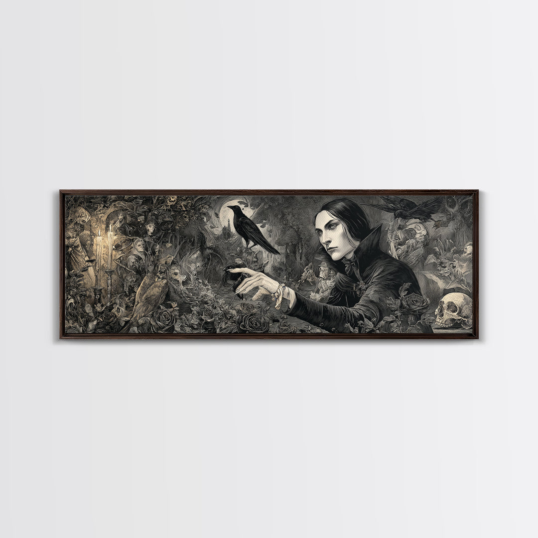 The Vampire Florist, Medieval Grotesque Art, Extra Wide Wall Art, Gothic Horror Wall Art, Framed Canvas Print, Halloween Wall Art