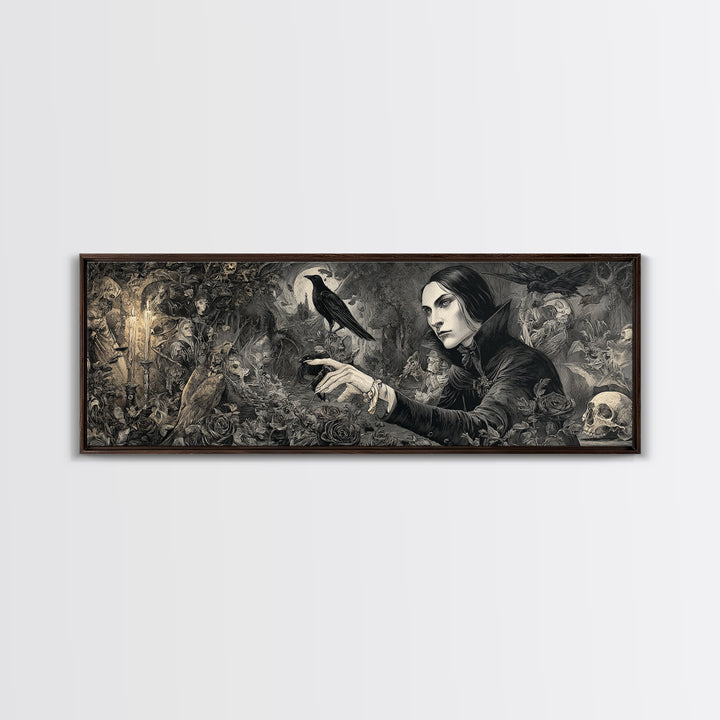 The Vampire Florist, Medieval Grotesque Art, Extra Wide Wall Art, Gothic Horror Wall Art, Framed Canvas Print, Halloween Wall Art