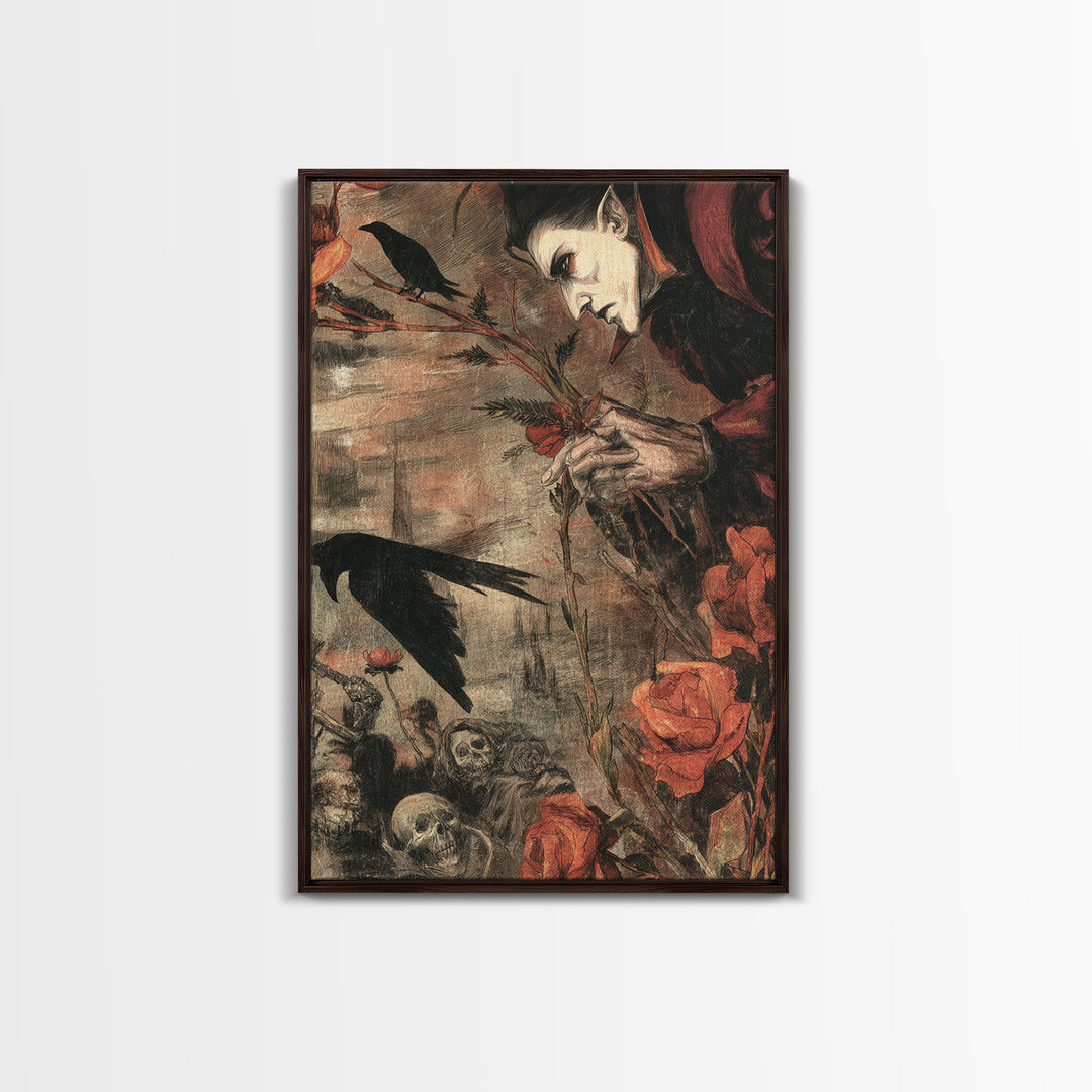 The Vampire Florist, Dark Renaissance Art, Vertical Wall Art, Dark Fantasy Wall Art, Canvas Print, Halloween Wall Art