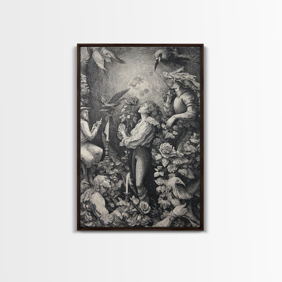 The Vampire Florist, Renaissance Engraving Art, Vertical Wall Art, Dark Fantasy Wall Art, Framed Canvas Print, Halloween Wall Art