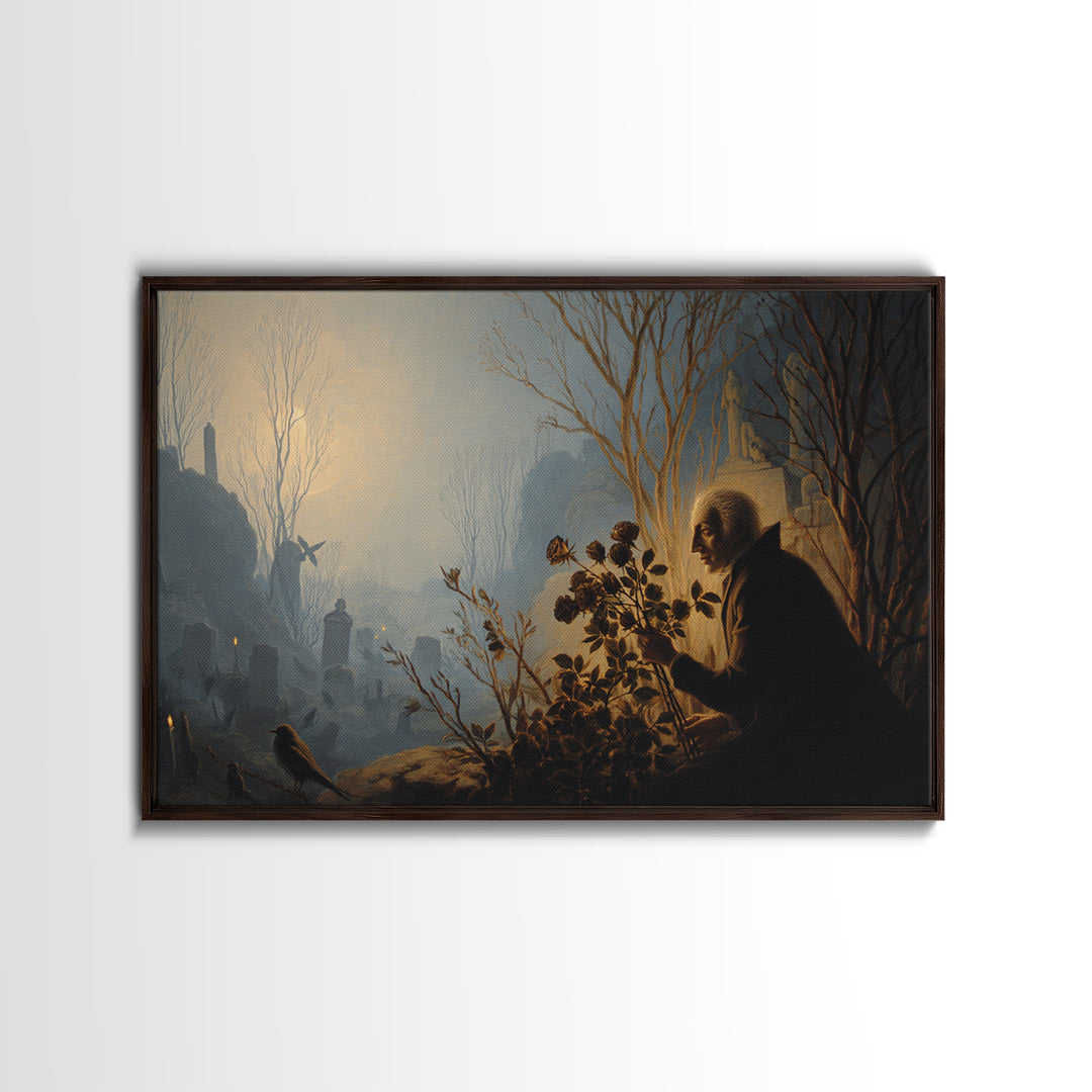 The Vampire Florist, Romantic Gothic Landscape, Landscape Wall Art, Dark Halloween Decor, Framed Canvas Print, Halloween Wall Art