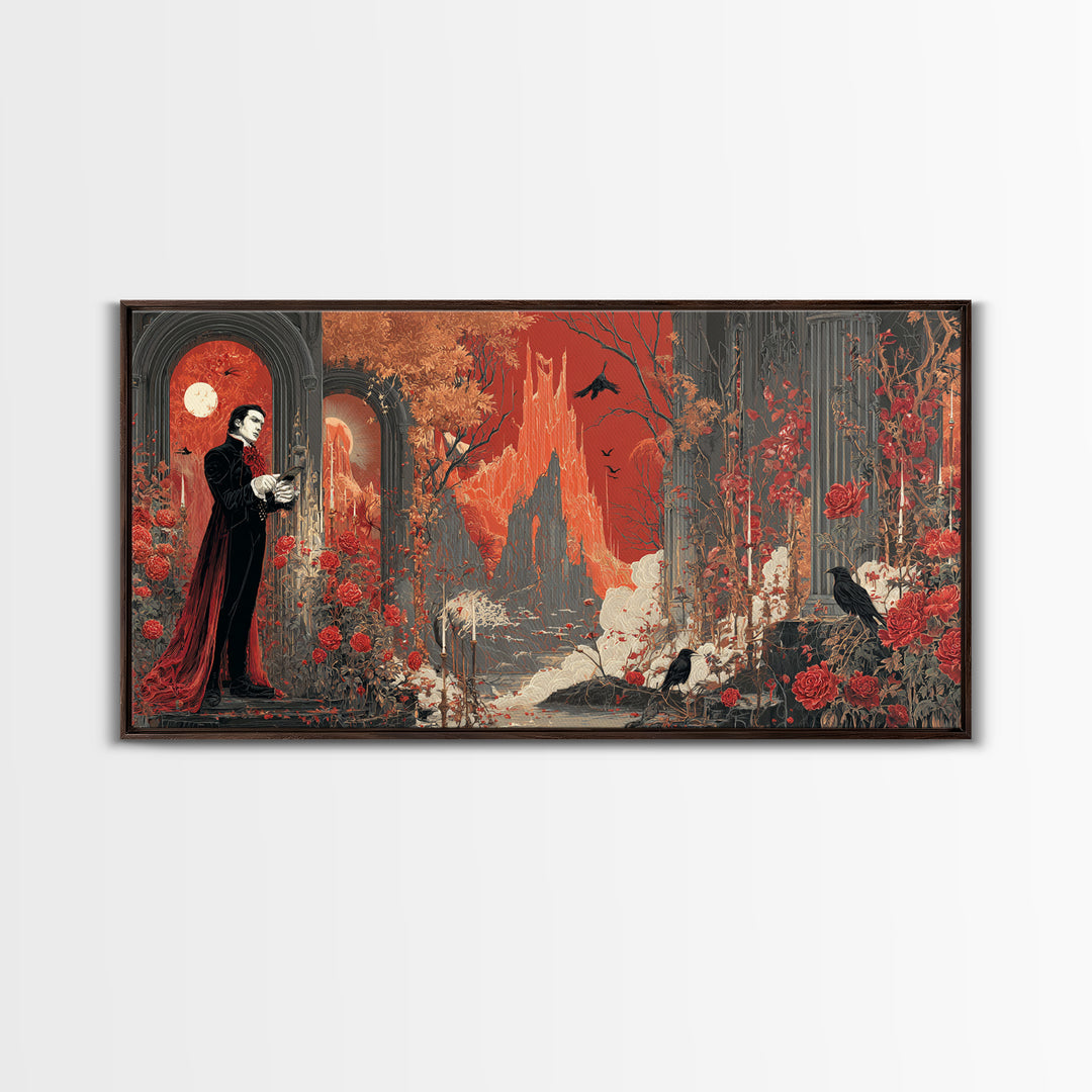 The Vampire Florist, Apocalyptic Romantic Art, Wide Panoramic Art, Dark Fantasy Wall Art, Framed Canvas Print, Halloween Wall Art