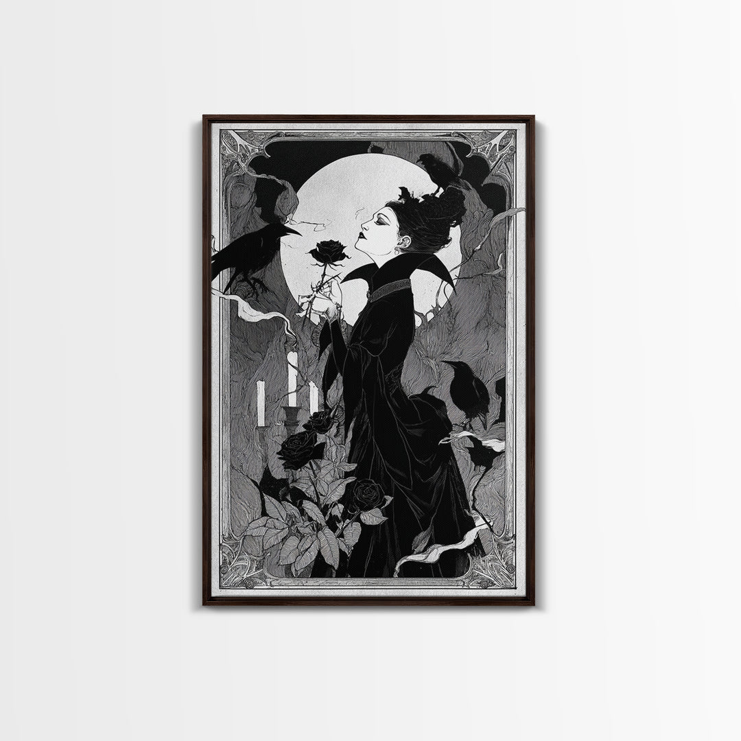 The Vampire Florist, Decadent Line Art, Vertical Wall Art, Dark Fantasy Wall Art, Canvas Print, Halloween Wall Art