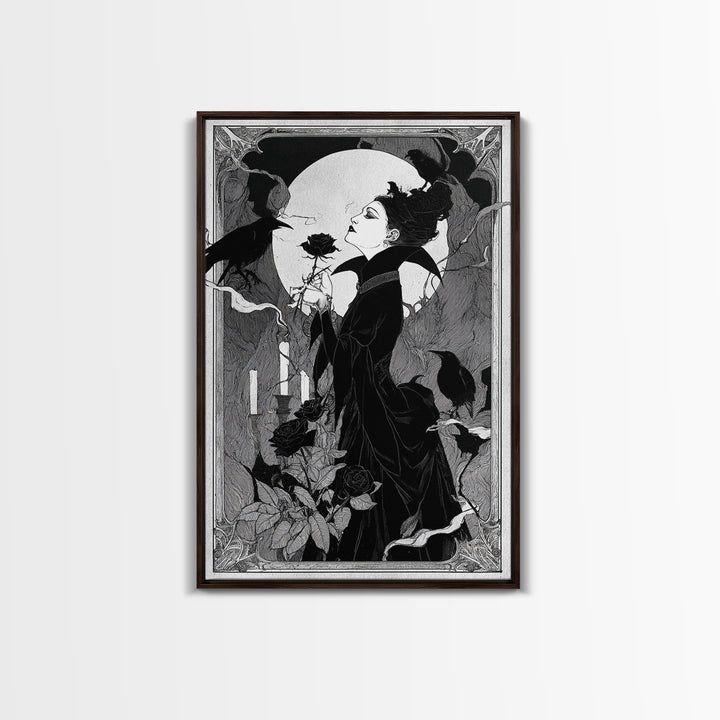 The Vampire Florist, Decadent Line Art, Vertical Wall Art, Dark Fantasy Wall Art, Canvas Print, Halloween Wall Art
