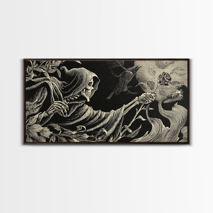 The Vampire Florist, Macabre Folk Print Art, Wide Panoramic Art, Dark Fantasy Wall Art, Framed Canvas Print, Halloween Wall Art