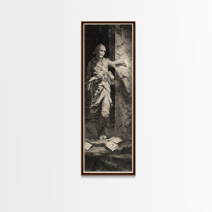 The Mummy Mail Carrier, Gothic Engraving Art, Tall Narrow Wall Art, Dark Fantasy Wall Art, Framed Canvas Print, Halloween Wall Art