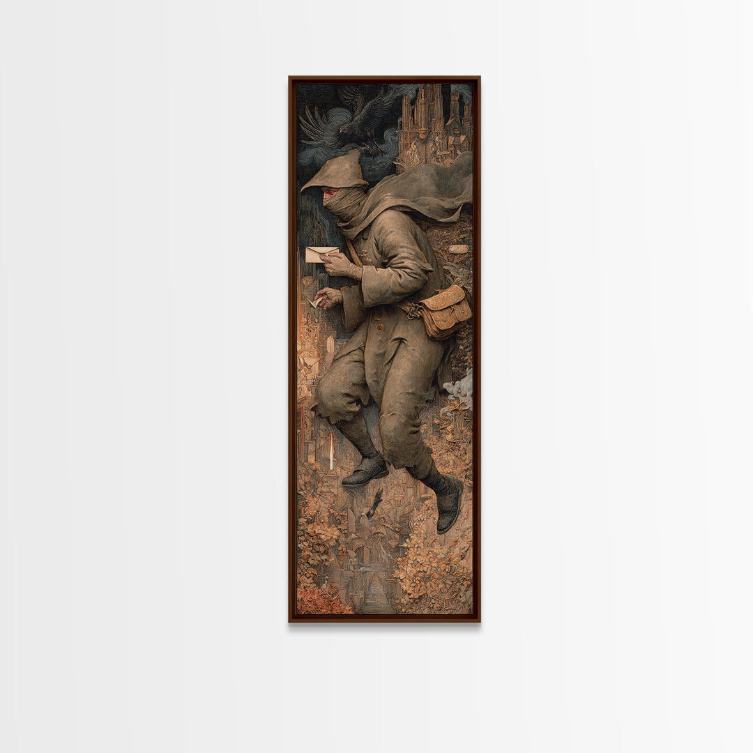 The Mummy Mail Carrier, Medieval Grotesque Art, Tall Narrow Wall Art, Dark Fantasy Wall Art, Framed Canvas Print, Halloween Wall Art