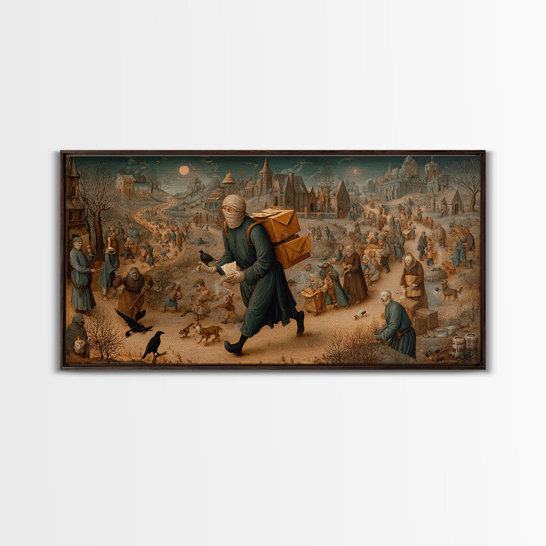 The Mummy Mail Carrier, Northern Renaissance Horror, Wide Panoramic Art, Dark Halloween Decor, Canvas Print, Halloween Wall Art