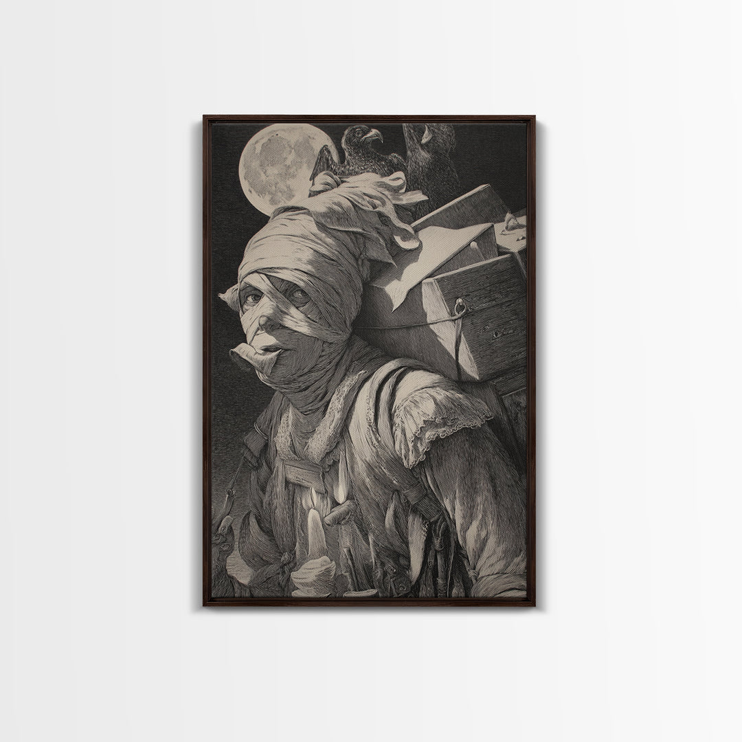The Mummy Mail Carrier, Renaissance Engraving Art, Vertical Wall Art, Dark Fantasy Wall Art, Canvas Print, Halloween Wall Art