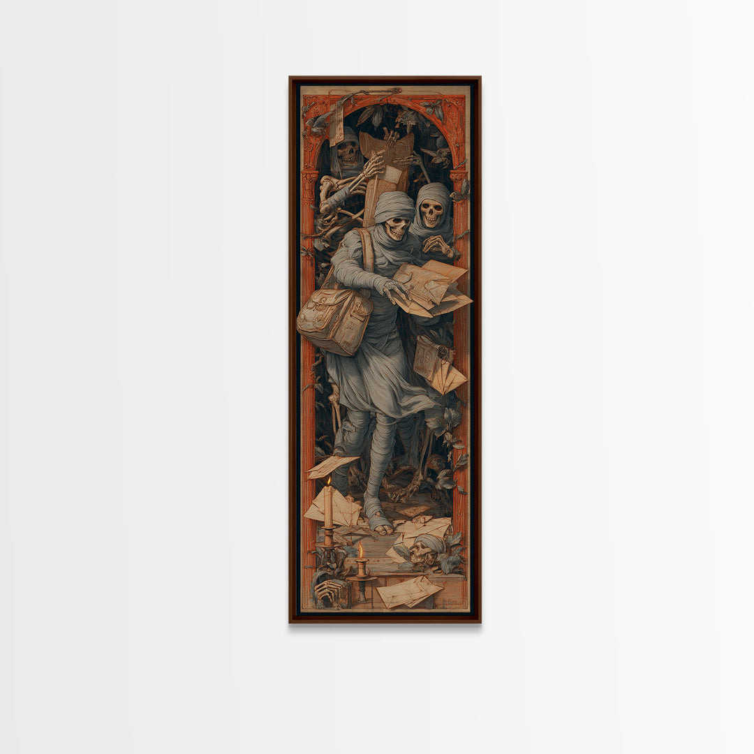 The Mummy Mail Carrier, Danse Macabre Art, Tall Narrow Wall Art, Macabre Wall Art, Framed Canvas Print