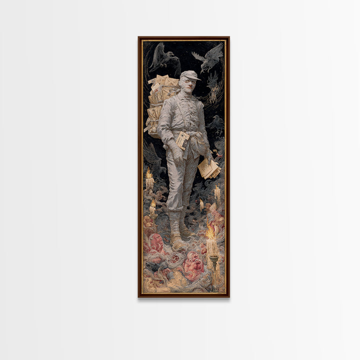 The Mummy Mail Carrier, Visionary Gothic Art, Tall Narrow Wall Art, Dark Fantasy Wall Art, Canvas Print, Halloween Wall Art