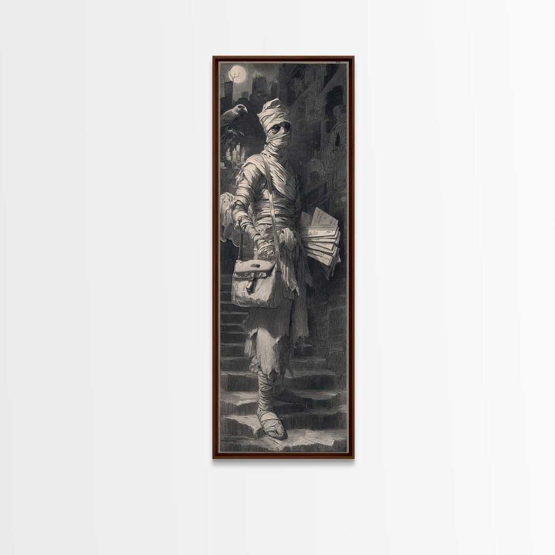 The Mummy Mail Carrier, Architectural Etching Art, Tall Narrow Wall Art, Gothic Horror Wall Art, Framed Canvas Print