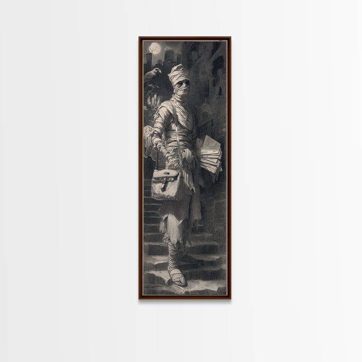 The Mummy Mail Carrier, Architectural Etching Art, Tall Narrow Wall Art, Gothic Horror Wall Art, Framed Canvas Print