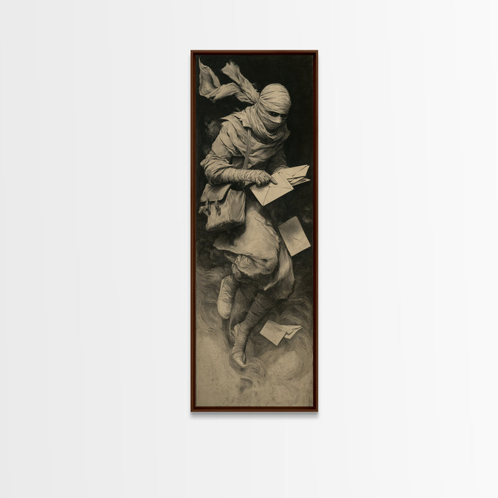 The Mummy Mail Carrier, Symbolist Dream Art, Tall Narrow Wall Art, Gothic Horror Wall Art, Canvas Print, Halloween Wall Art