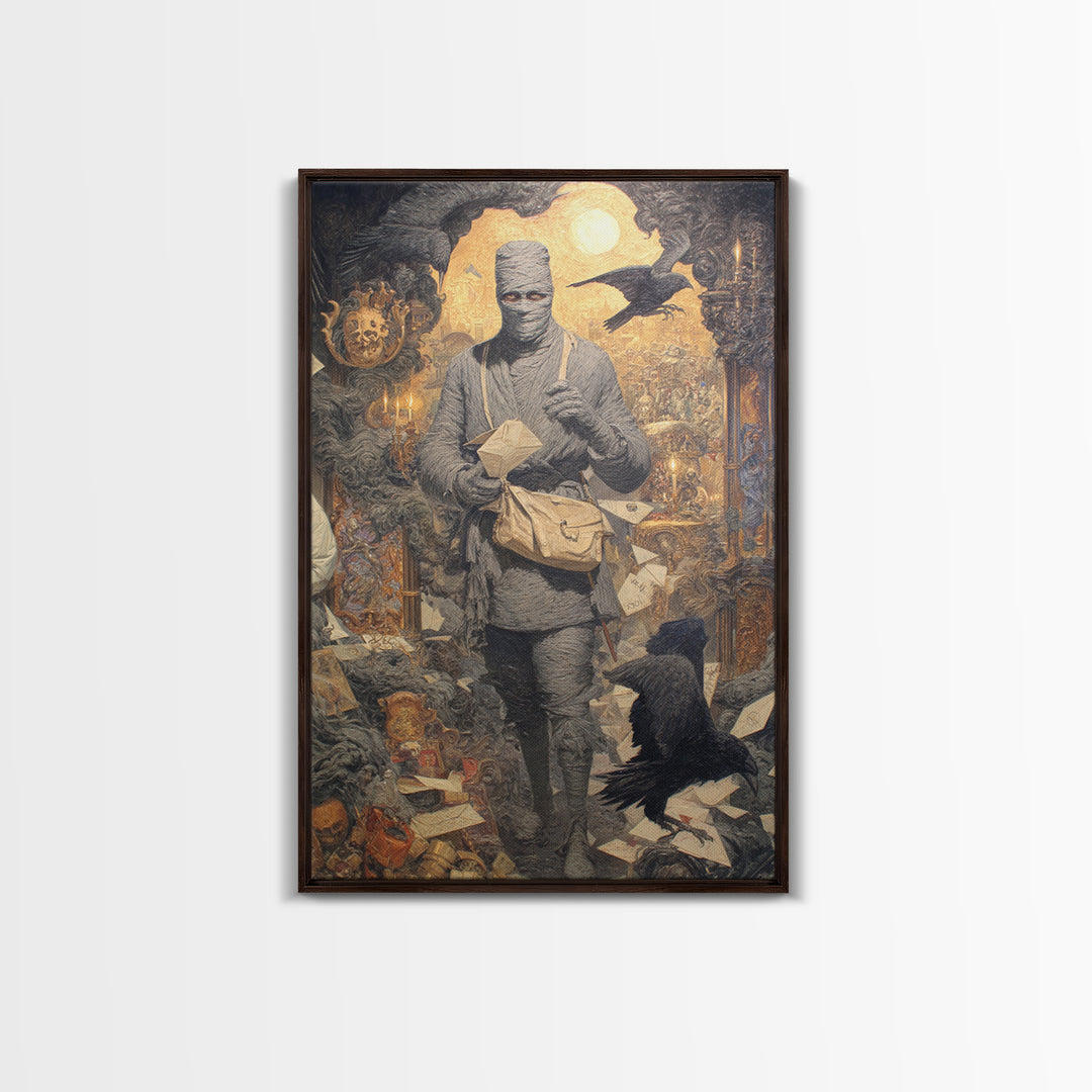 The Mummy Mail Carrier, Ornate Symbolist Art, Vertical Wall Art, Dark Halloween Decor, Canvas Print, Halloween Wall Art