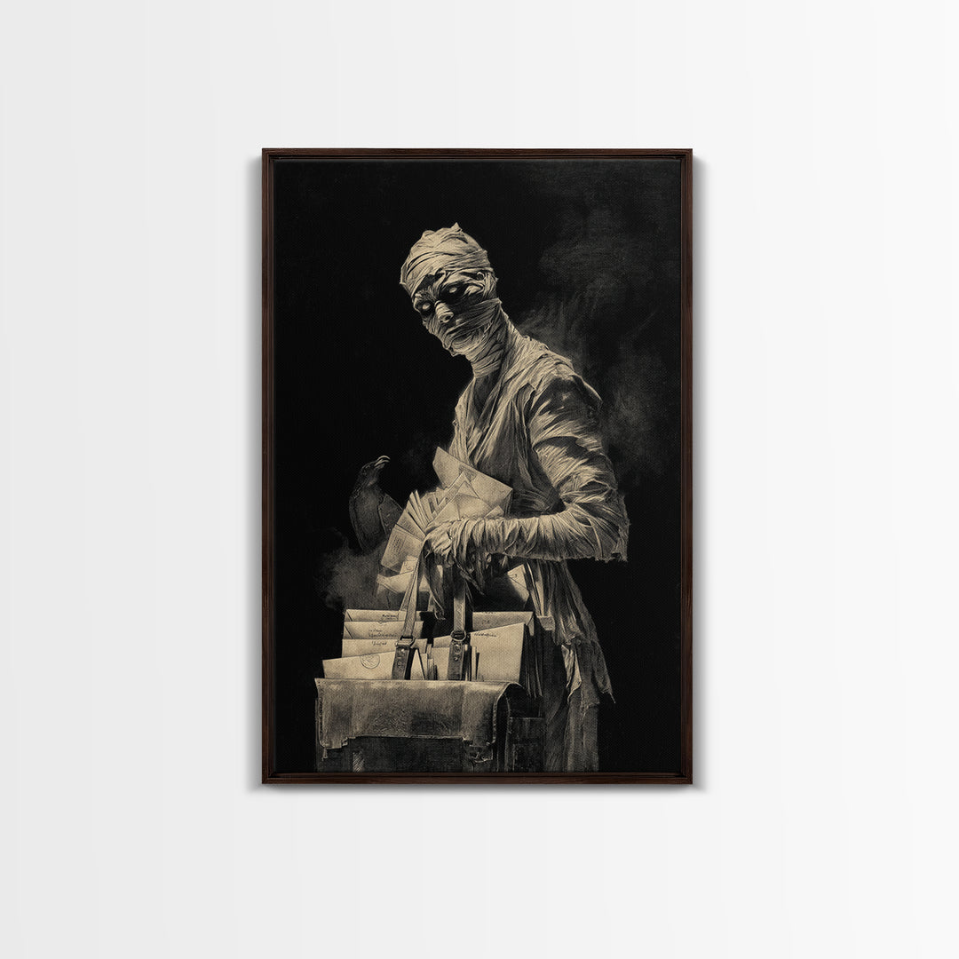 The Mummy Mail Carrier, Decadent Gothic Art, Vertical Wall Art, Macabre Wall Art, Framed Canvas Print, Halloween Wall Art