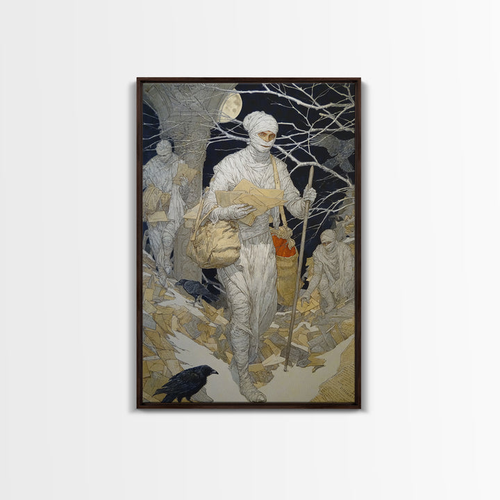 The Mummy Mail Carrier, Symbolist Death Art, Vertical Wall Art, Macabre Wall Art, Canvas Print, Halloween Wall Art