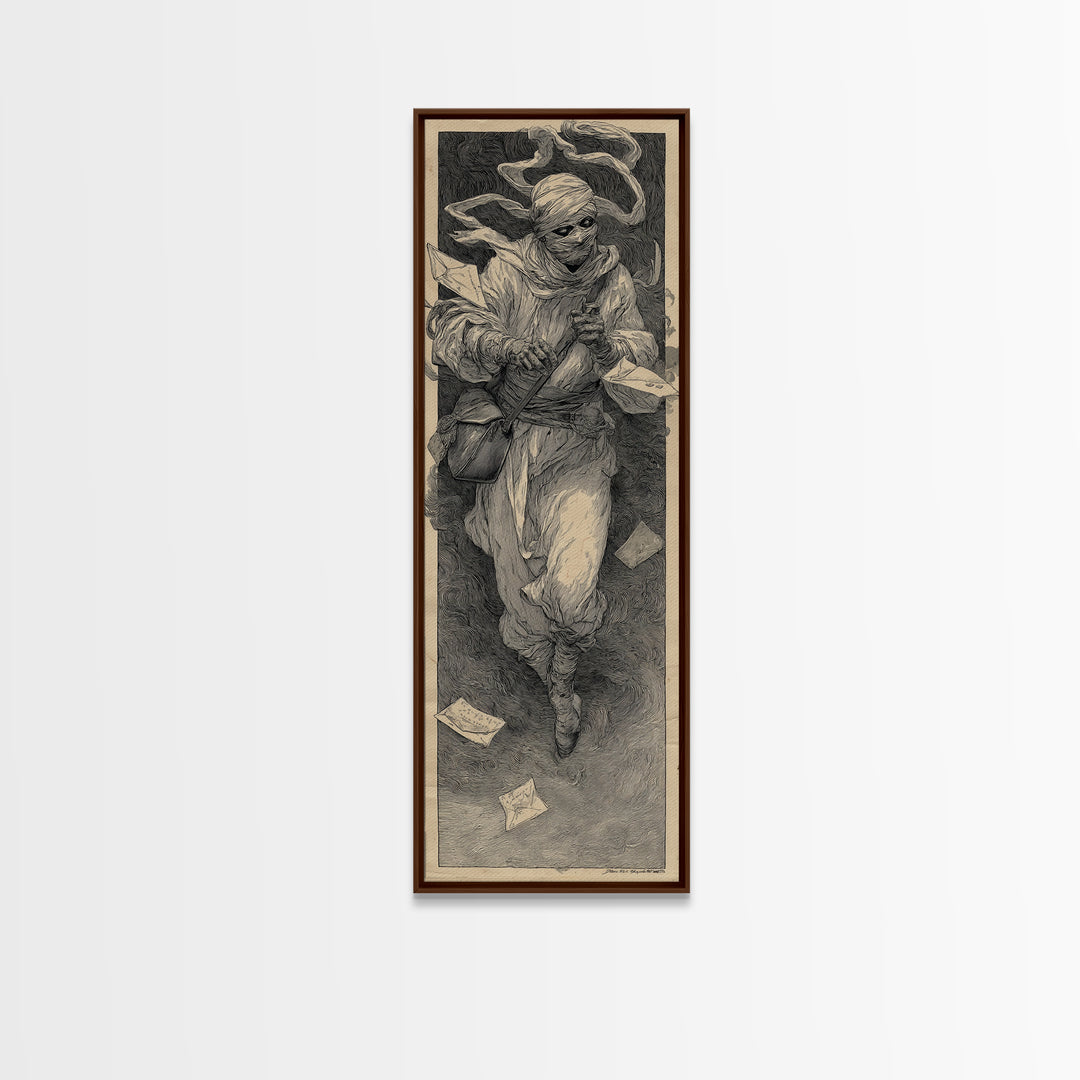 The Mummy Mail Carrier, Symbolist Etching Art, Tall Narrow Wall Art, Gothic Horror Wall Art, Framed Canvas Print, Halloween Wall Art
