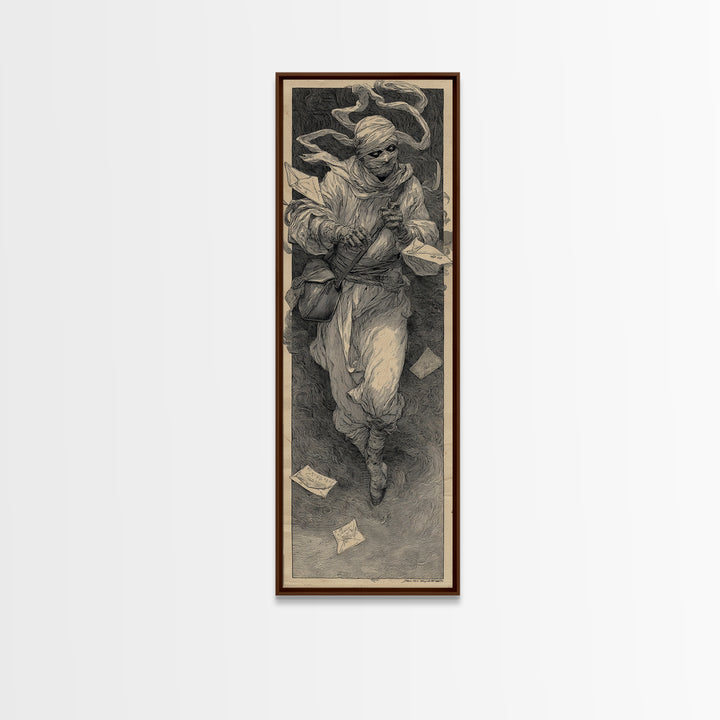 The Mummy Mail Carrier, Symbolist Etching Art, Tall Narrow Wall Art, Gothic Horror Wall Art, Framed Canvas Print, Halloween Wall Art