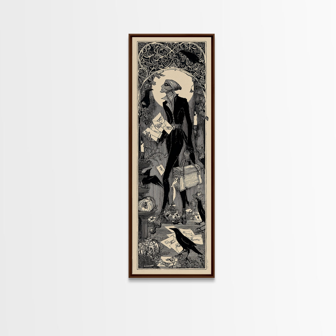 The Mummy Mail Carrier, Decadent Line Art, Tall Narrow Wall Art, Gothic Horror Wall Art, Framed Canvas Print, Halloween Wall Art