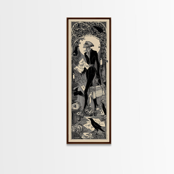 The Mummy Mail Carrier, Decadent Line Art, Tall Narrow Wall Art, Gothic Horror Wall Art, Framed Canvas Print, Halloween Wall Art