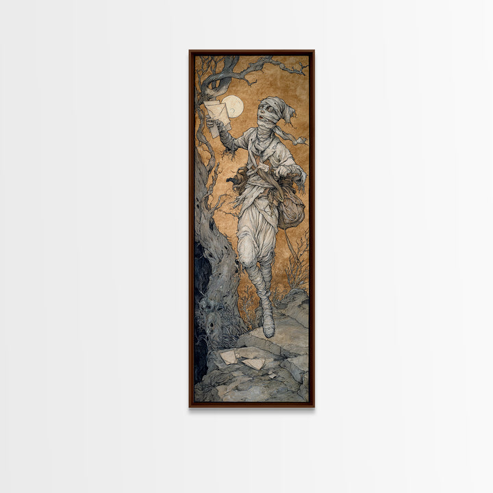 The Mummy Mail Carrier, Gothic Storybook Art, Tall Narrow Wall Art, Dark Fantasy Wall Art, Canvas Print, Halloween Wall Art