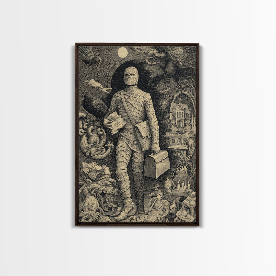 The Mummy Mail Carrier, Victorian Macabre Art, Vertical Wall Art, Gothic Horror Wall Art, Framed Canvas Print, Halloween Wall Art