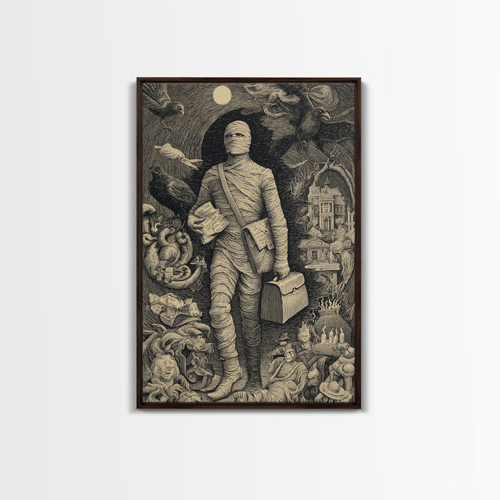 The Mummy Mail Carrier, Victorian Macabre Art, Vertical Wall Art, Gothic Horror Wall Art, Framed Canvas Print, Halloween Wall Art