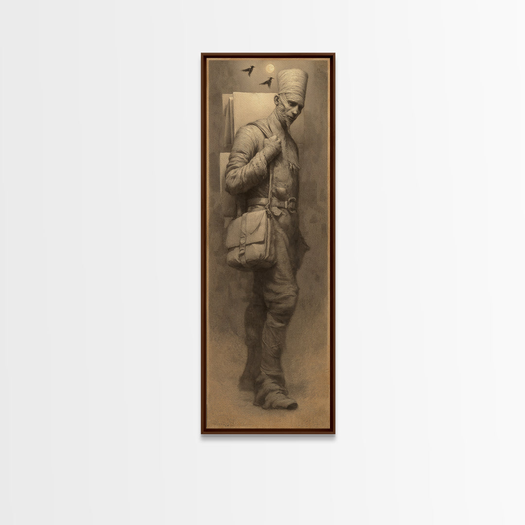 The Mummy Mail Carrier, Surreal Apocalyptic Art, Tall Narrow Wall Art, Gothic Horror Wall Art, Canvas Print, Halloween Wall Art
