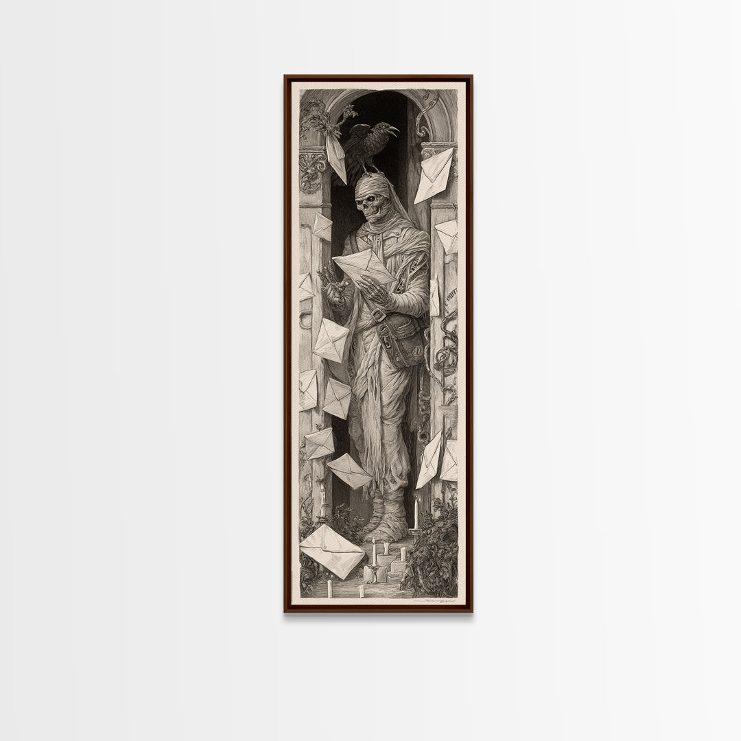 The Mummy Mail Carrier, Biomechanical Horror Art, Tall Narrow Wall Art, Dark Fantasy Wall Art, Framed Canvas Print, Halloween Wall Art