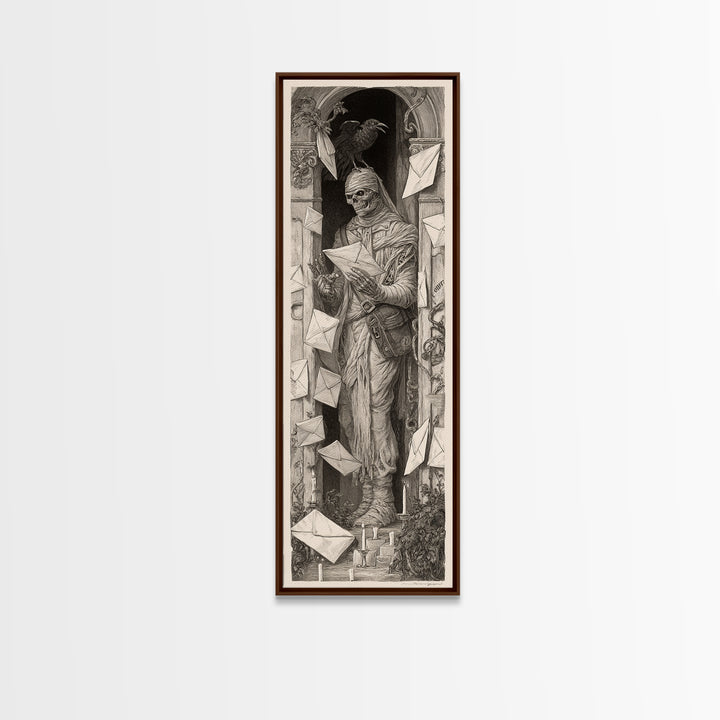 The Mummy Mail Carrier, Biomechanical Horror Art, Tall Narrow Wall Art, Dark Fantasy Wall Art, Framed Canvas Print, Halloween Wall Art