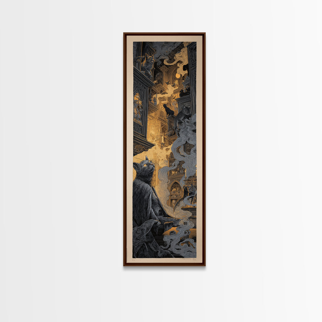 The Witch'S Cat Cafe, Gothic Engraving Art, Tall Narrow Wall Art, Macabre Wall Art, Canvas Print, Halloween Wall Art, Spooky Wall Decor