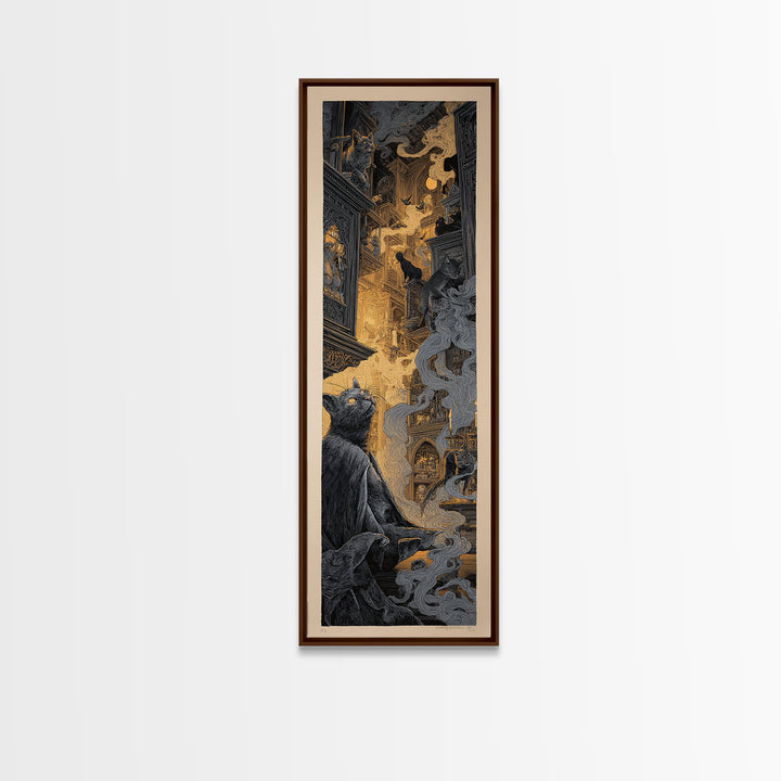 The Witch'S Cat Cafe, Gothic Engraving Art, Tall Narrow Wall Art, Macabre Wall Art, Canvas Print, Halloween Wall Art, Spooky Wall Decor