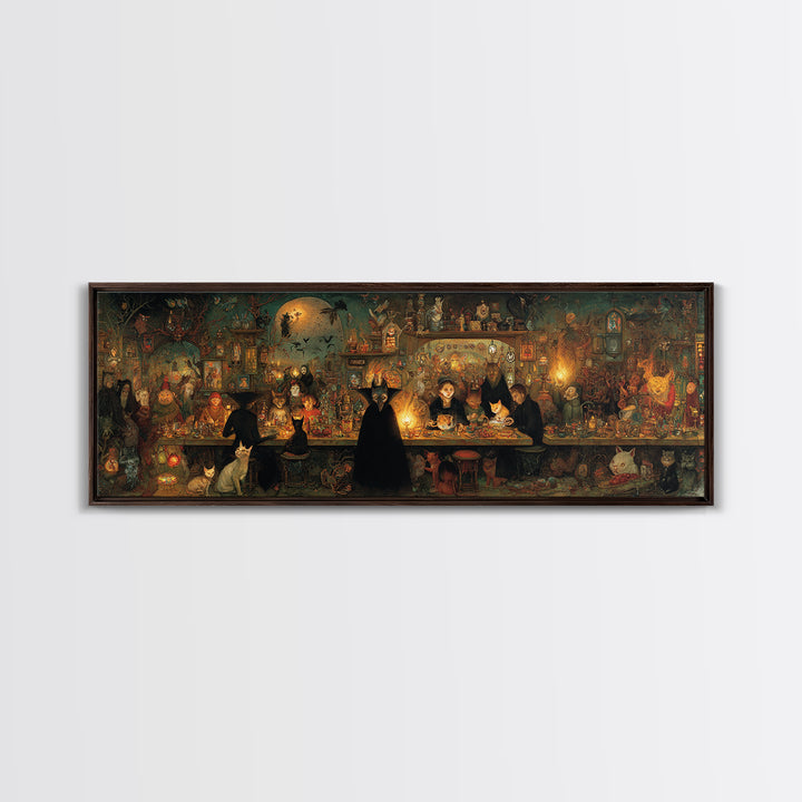 The Witch'S Cat Cafe, Medieval Grotesque Art, Extra Wide Wall Art, Dark Halloween Decor, Canvas Print, Halloween Wall Art