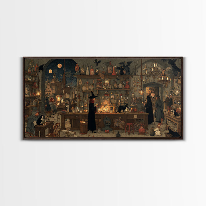 The Witch'S Cat Cafe, Northern Renaissance Horror, Wide Panoramic Art, Gothic Horror Wall Art, Framed Canvas Print